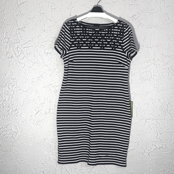Talbots NEW Embroidered Dress Navy Large Floral Stripe Coastal Office Casual - Picture 5 of 12